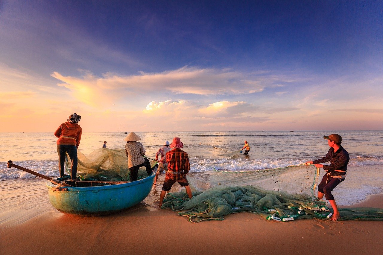 fishermen, beach, boat, fishing, sea, asia, vietnam, fishing net, dawn, nature, sunset, fishing boat, shore, seashore, fishing, fishing, fishing, fishing, fishing, vietnam