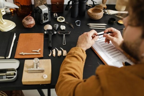 An archaeologist meticulously studies various fossils, highlighting detailed research and examination.